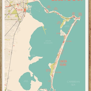 May include: A map of Cancun, Mexico, showing the city's layout and surrounding areas. The map is in a vintage style with a light beige background and turquoise water. The city of Cancun is labeled in red, and the island of Cancun is labeled in orange. The map also shows the Caribbean Sea, the Nichupte Lagoon, and the Isla Blanca.