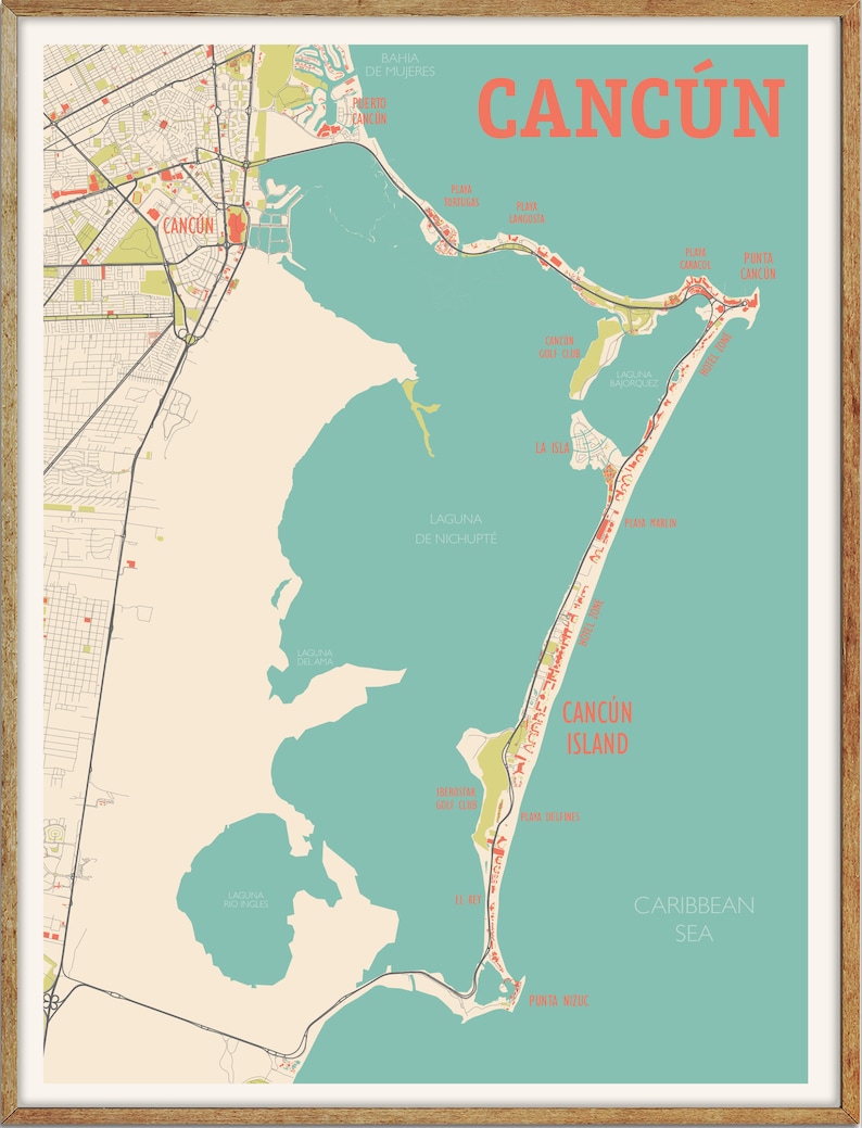 May include: A map of Cancun, Mexico, showing the city's layout and surrounding areas. The map is in a vintage style with a light beige background and turquoise water. The city of Cancun is labeled in red, and the island of Cancun is labeled in orange. The map also shows the Caribbean Sea, the Nichupte Lagoon, and the Isla Blanca.
