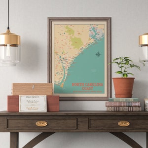 North Carolina Coast Map: South - NC Coast Print - Coast Beach Map - Poster retro map