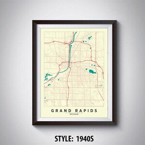 Stampa artistica della mappa di Grand Rapids, MI: arredamento per ufficio in stile anni &#39;40