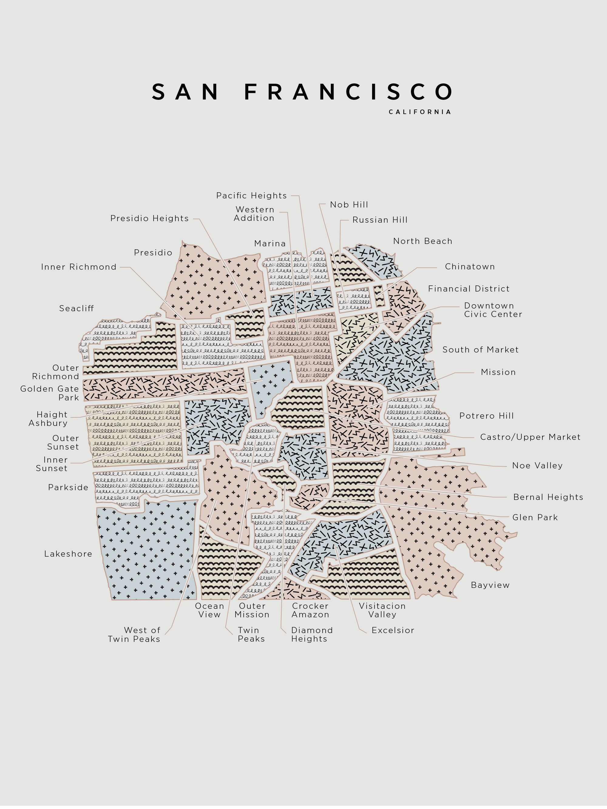 San Francisco Neighborhood Map Print: Modern SF Wall Art - Etsy