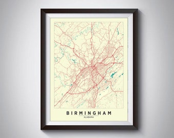 Mapa Birmingham AL, wydruk artystyczny: plakat podróżniczy w stylu vintage