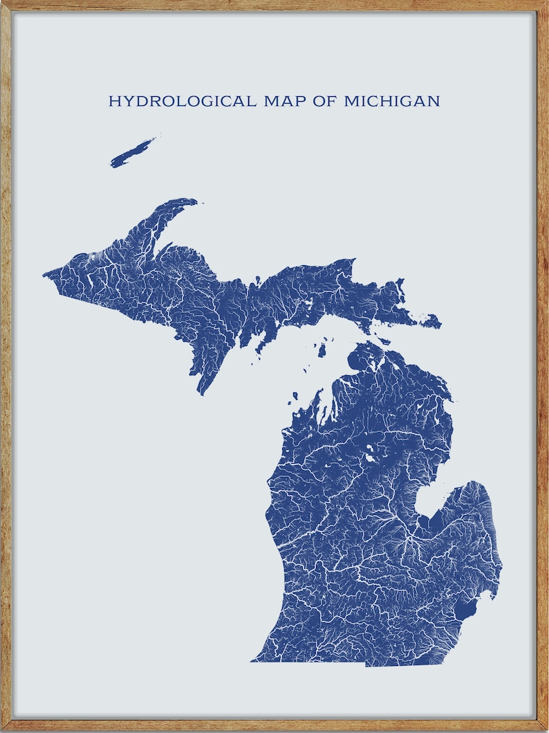 Michigan Hydrological Map of Rivers and Lakes Michigan Rivers Etsy