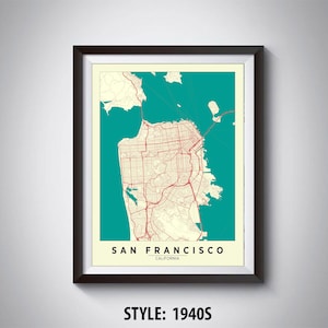 Könnte beinhalten: Eine Karte von San Francisco, Kalifornien, im Vintage-Stil mit türkisfarbenem Hintergrund und roten Linien, die die Straßen der Stadt zeigen. Der Text "SAN FRANCISCO, KALIFORNIEN" ist unten auf der Karte gedruckt.