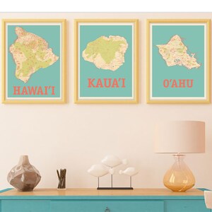 Hawaii 3 Map Set: Big Island Hawaii, Oahu, Kauai Print Set, Retro Design