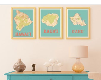 Hawaii 3 Map Set: Big Island Hawaii, Oahu, Kauai Print Set, Retro Design