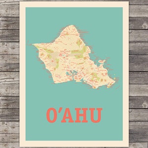 Island of Oahu, Hawaii Map Print Wall Art