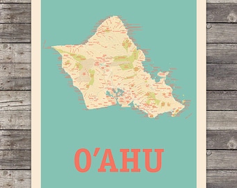Island of Oahu, Hawaii Map Print Wall Art