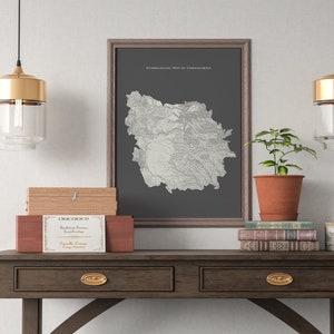 May include: A framed black and white topographical map of Comancheria hangs on a white wall above a wooden table with two gold pendant lights. The table has two drawers and is decorated with a wooden box, a stack of books, and a potted plant.
