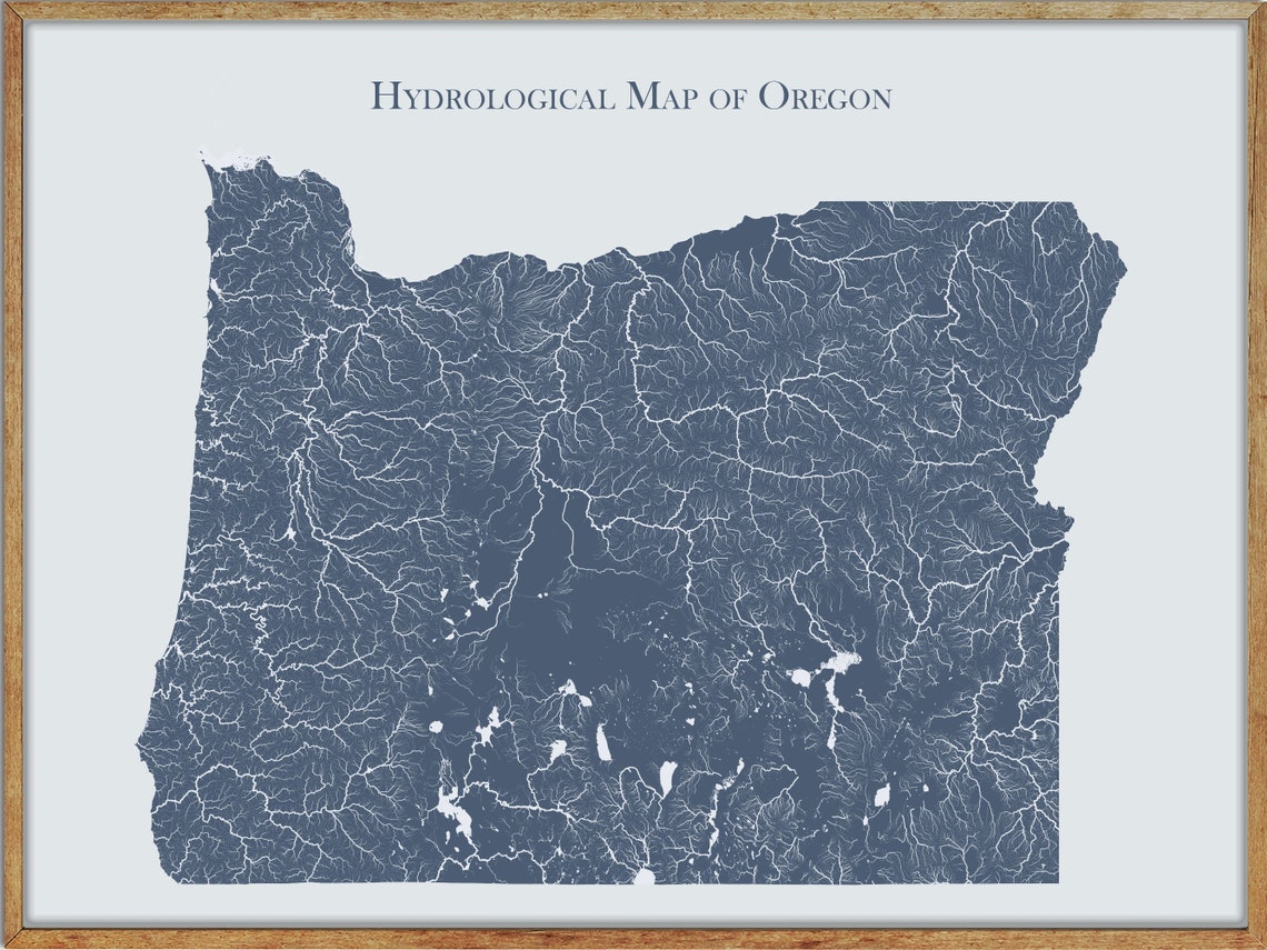 Oregon Hydrological Map of Rivers and Lakes Oregon Rivers Etsy