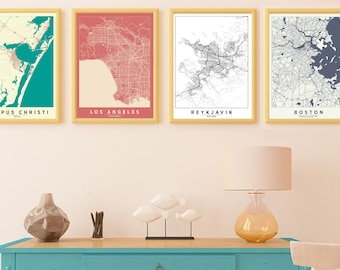 Custom City Map Print Set: Choose Any 4 Cities, Wall Art Gift
