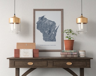 Wisconsin Rivers and Lakes Hydrological Map Poster