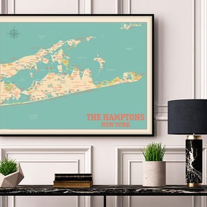 The Hamptons New York Karte - Long Island Coast Print - Küste Strand Karte - Poster retro Karte