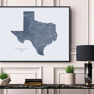 Mapa hidrológico de ríos y lagos de Texas, póster de ríos de Texas