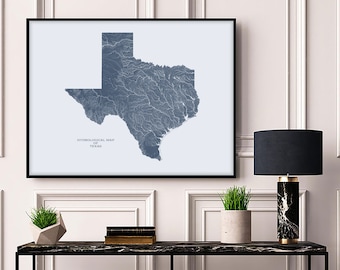 Texas Hydroologische Karte von Flüssen und Seen, Texas Rivers Poster Karte