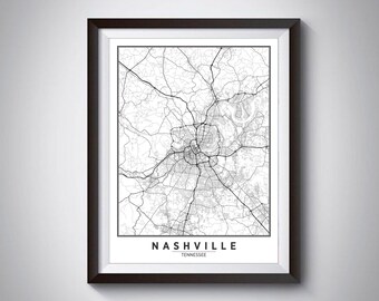 Może przedstawiać: Czarno-biały wydruk mapy Nashville w stanie Tennessee. Mapa przedstawia ulice i drogi miasta.