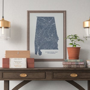 Carte hydrologique des rivières et des lacs de l'Alabama, affiche de carte des rivières de l'Alabama