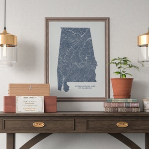 Alabama Hydrological Map of Rivers and Lakes, Alabama Rivers Poster Map