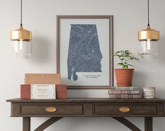 Alabama Hydrological Map of Rivers and Lakes, Alabama Rivers Poster Map