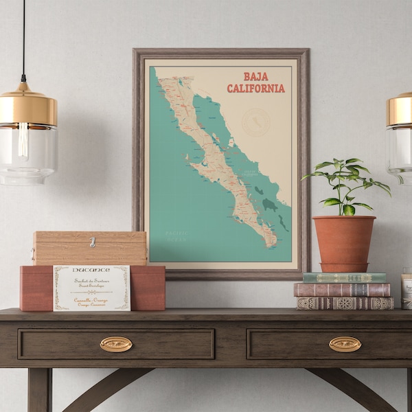 Baja California Map - Baja Map Print - Baja Mexico - Poster retro map