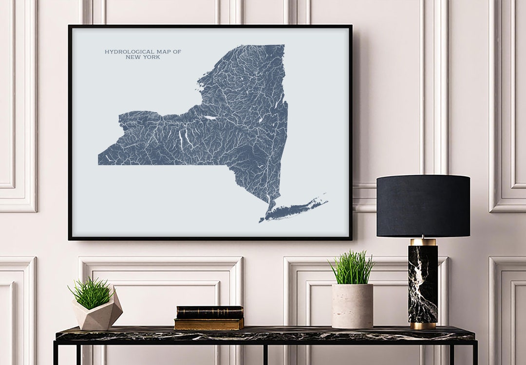 New York Hydrological Map of Rivers and Lakes, New York Rivers Poster ...