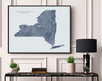 New York Hydrological Map of Rivers and Lakes, New York Rivers Poster Map