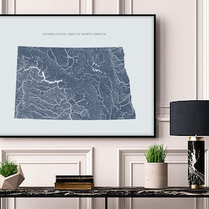 North Dakota Hydrological Map of Rivers and Lakes, North Dakota Rivers Poster Map