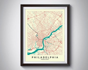 Philadelphia Map Print: PA Travel Poster, Office Wall Art - 1940s Style