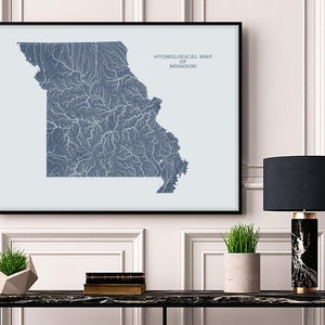 Carte hydrologique des rivières et des lacs du Missouri, affiche de carte des rivières du Missouri