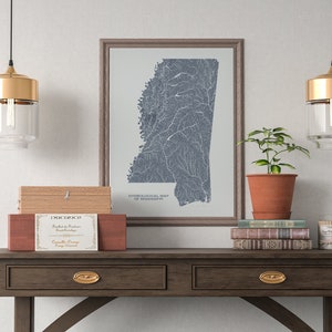 Mississippi Hydrological Map of Rivers and Lakes, Mississippi Rivers Poster Map