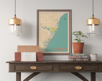 South Carolina Coast Map Print: Retro Beach Poster