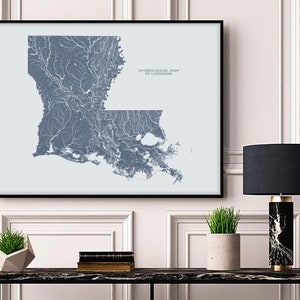 Louisiana Hydrological Map of Rivers and Lakes, Louisiana Rivers Poster Map