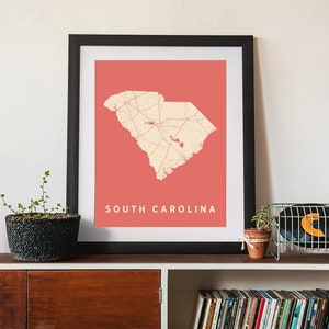 South Carolina State Map Art Print: Giclée Paper, Framed Wall Decor