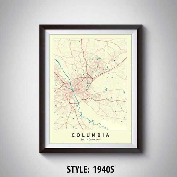 Map of Columbia, SC - Columbia Map - Columbia Poster - Office Décor - Wall Art - Travel Map - Columbia Travel Map
