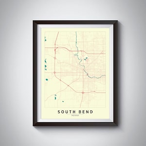 Map of South Bend, Indiana - South Bend Map - South Bend Poster - Office Décor - Wall Art - Travel Map - South Bend Travel Map