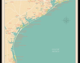 Retro Texas Coast Map Print - Detailed Coastal Wall Art