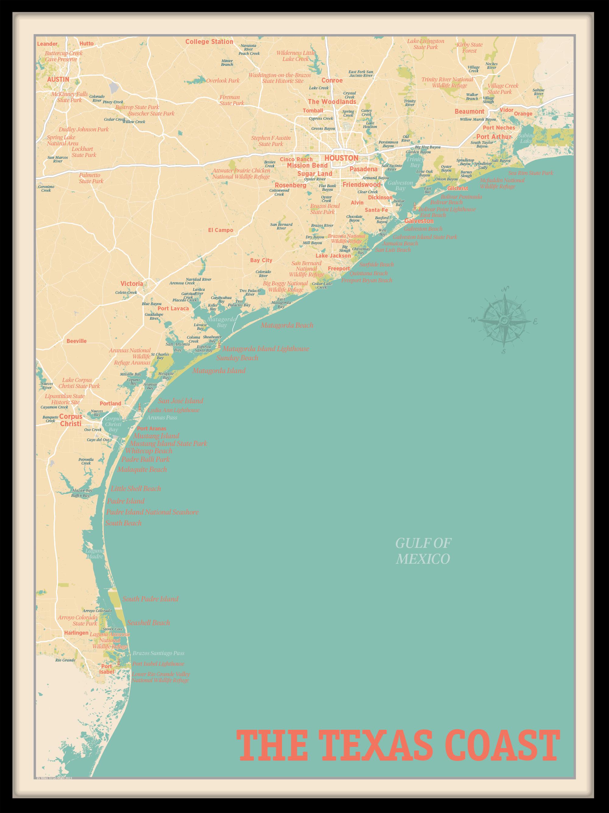 Mapa retro de la costa de Texas impreso - Arte mural costero detallado -  Etsy México, image size:2000x2667