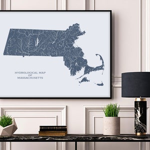 May include: A framed print of a blue hydrological map of Massachusetts. The map shows the rivers and streams of the state. The print is hanging on a white wall above a black console table with a lamp and plants.