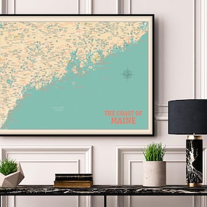 Maine Coast Map - Maine Coast Print - Coast of Maine Beach Map - Poster retro Karte