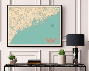 The Maine Coast Map - Maine Coast Print - Coast of Maine Beach Map - Poster retro map