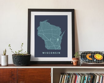 Wisconsin State Map Art Print: Rivers, Lakes, Motorways
