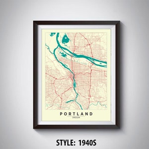 Impresión artística del mapa de Portland, Oregón: póster de viaje estilo años 40