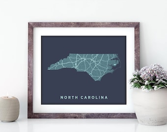 Karttryck över North Carolina: Giclée-väggkonst, floder och vägar