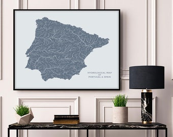 Spain and Portugal Hydrological Map of Rivers and Lakes, Spain and Portugal  Map