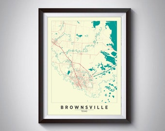 Brownsville TX-kaartafdruk: jaren 1940-stijl, Texas Travel Art