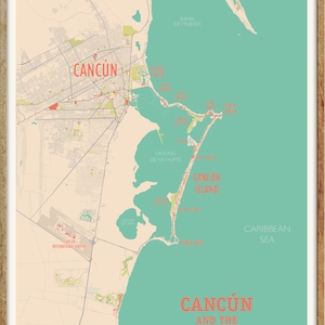 May include: A vintage-style map of Cancun and the Riviera Maya, Mexico. The map features a turquoise blue ocean, a beige landmass, and red text labels for locations like Cancun Island, Punta Cancun, and Laguna Nichupte.