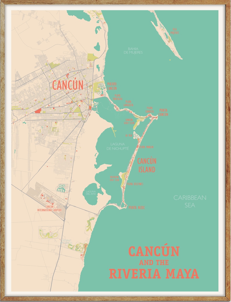 May include: A vintage-style map of Cancun and the Riviera Maya, Mexico. The map features a turquoise blue ocean, a beige landmass, and red text labels for locations like Cancun Island, Punta Cancun, and Laguna Nichupte.