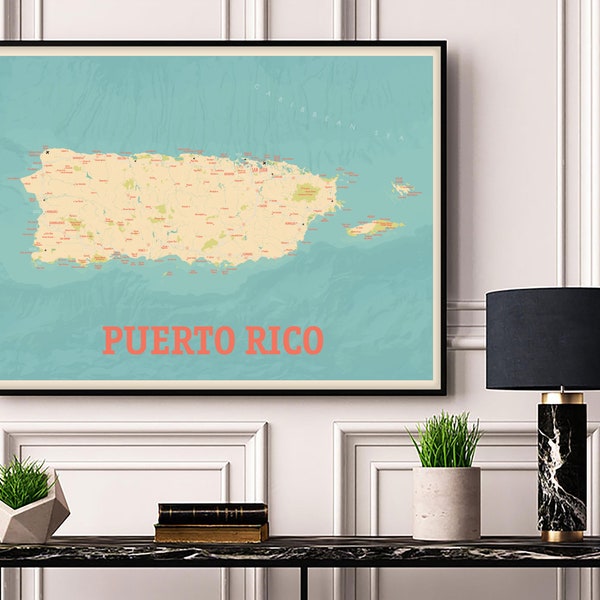 Puerto Rico Map Print - Classic retro | Puerto Rico Map | Puerto Rico Map Art | Puerto Rico Road Map Poster | Gift | Classic