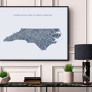 Mapa hidrológico de ríos y lagos de Carolina del Norte, mapa de carteles de ríos de Carolina del Norte