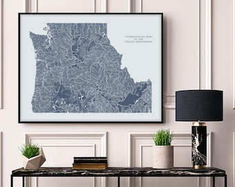Pacific Northwest Hydrological Map of Rivers and Lakes, PNW Rivers Poster Map